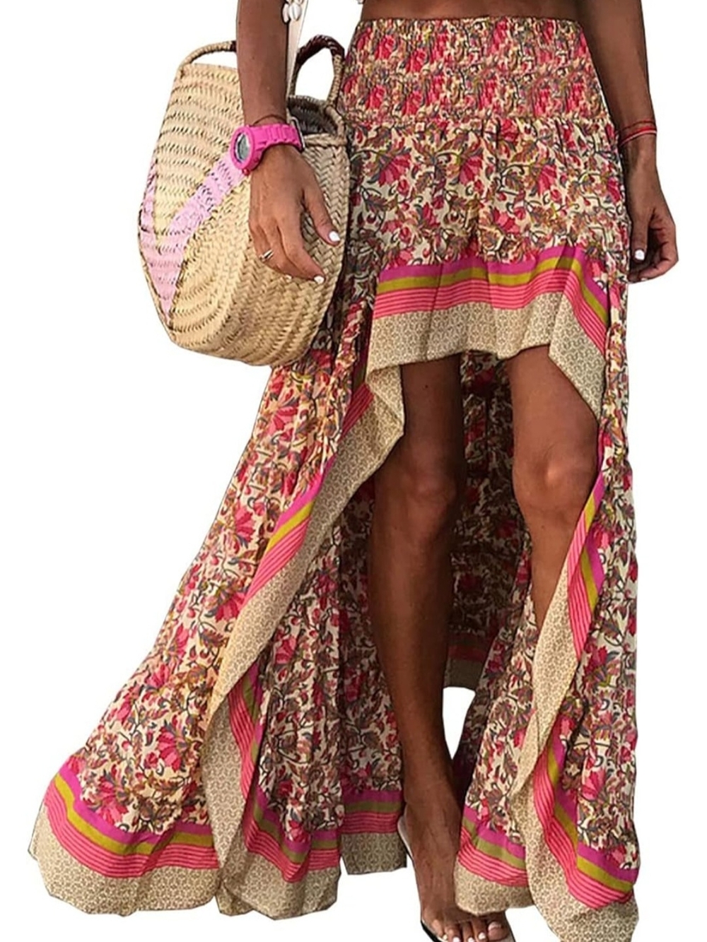 Bohemian Floral High-Low Maxi Skirt in Pink XL